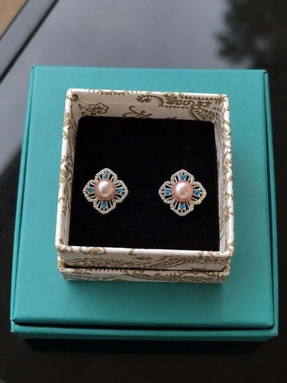 2 for $50 Pearl and Blue Crystal Floral Stud Earrings - Pink Pearl